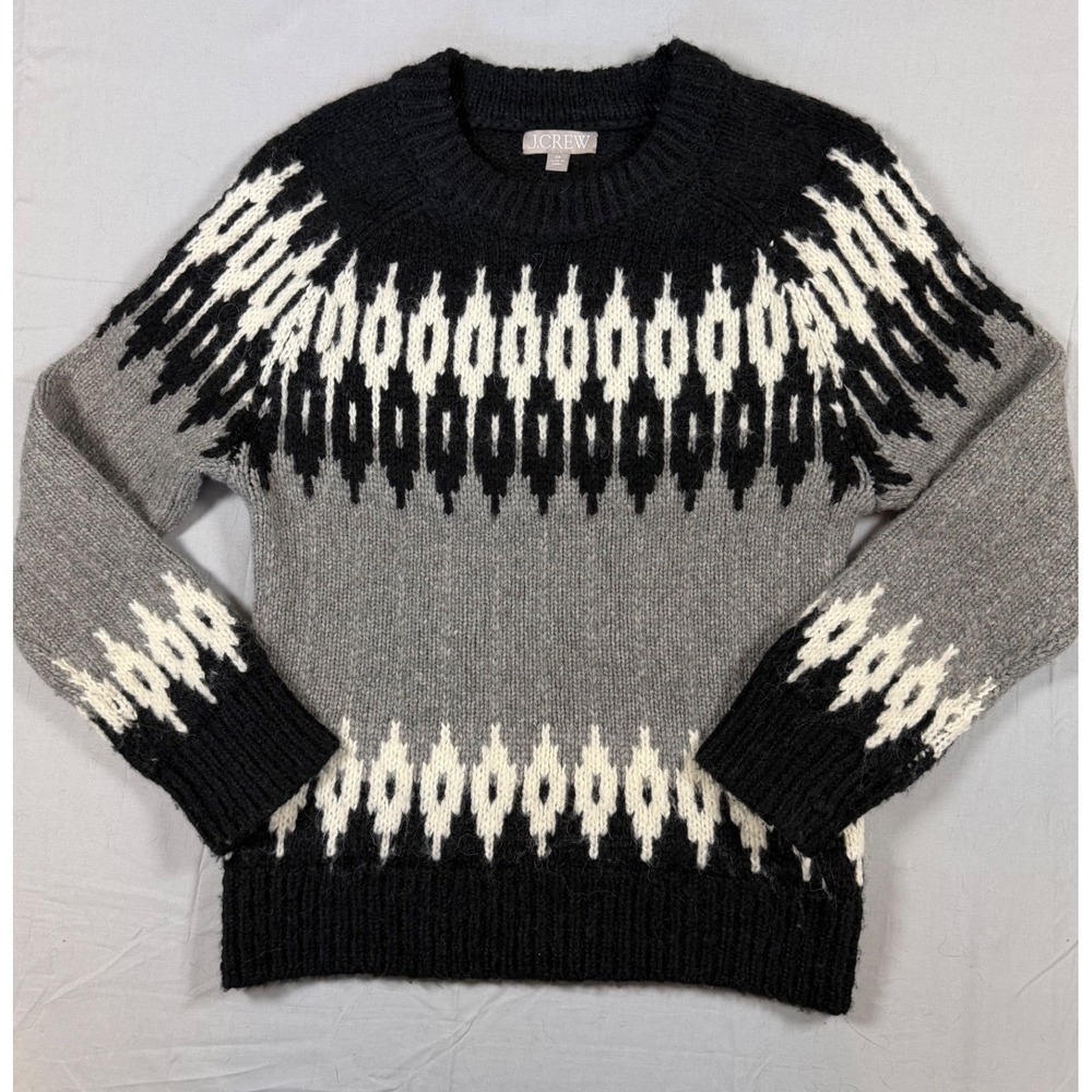 J.Crew Womens XS Fair Isle Sweater Black Grey White Wool Alpaca Blend Knit